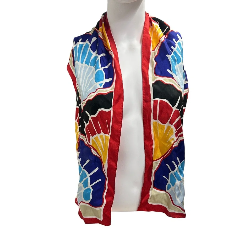 Anne Klein Silk Scarf Nautical Seashell‎ Print Red Blue Coastal Grandma 80s